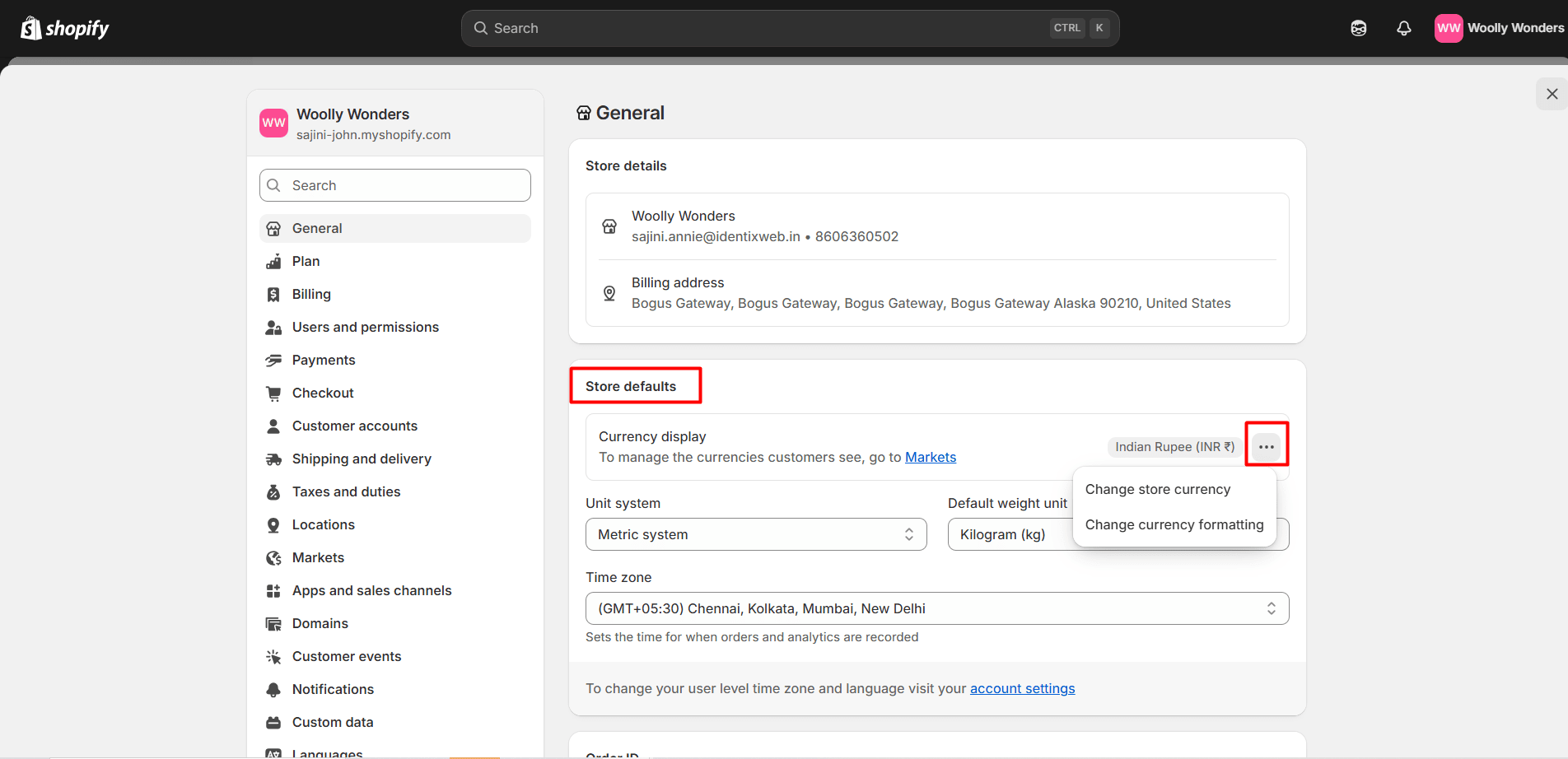 Shopify store dashboard highlighting Store Defaults section