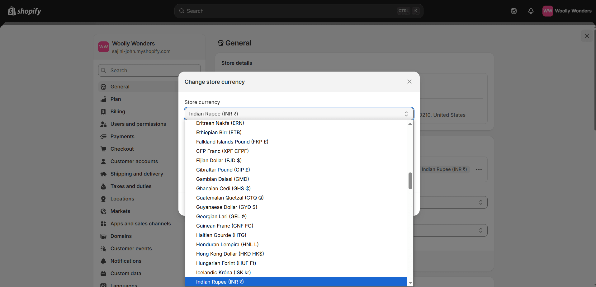 Currency options in Shopify