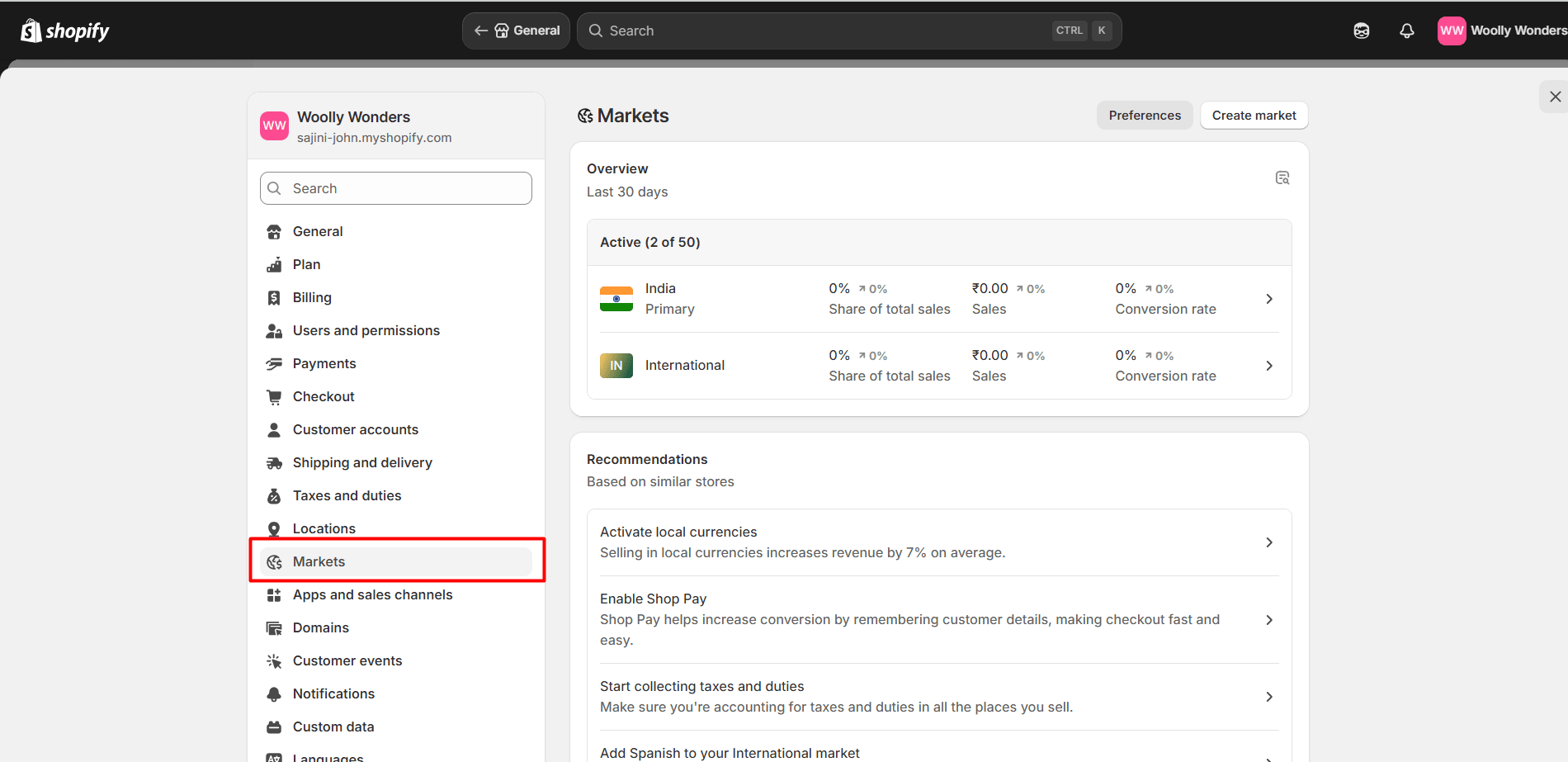 Shopify admin settings highlighting Market section