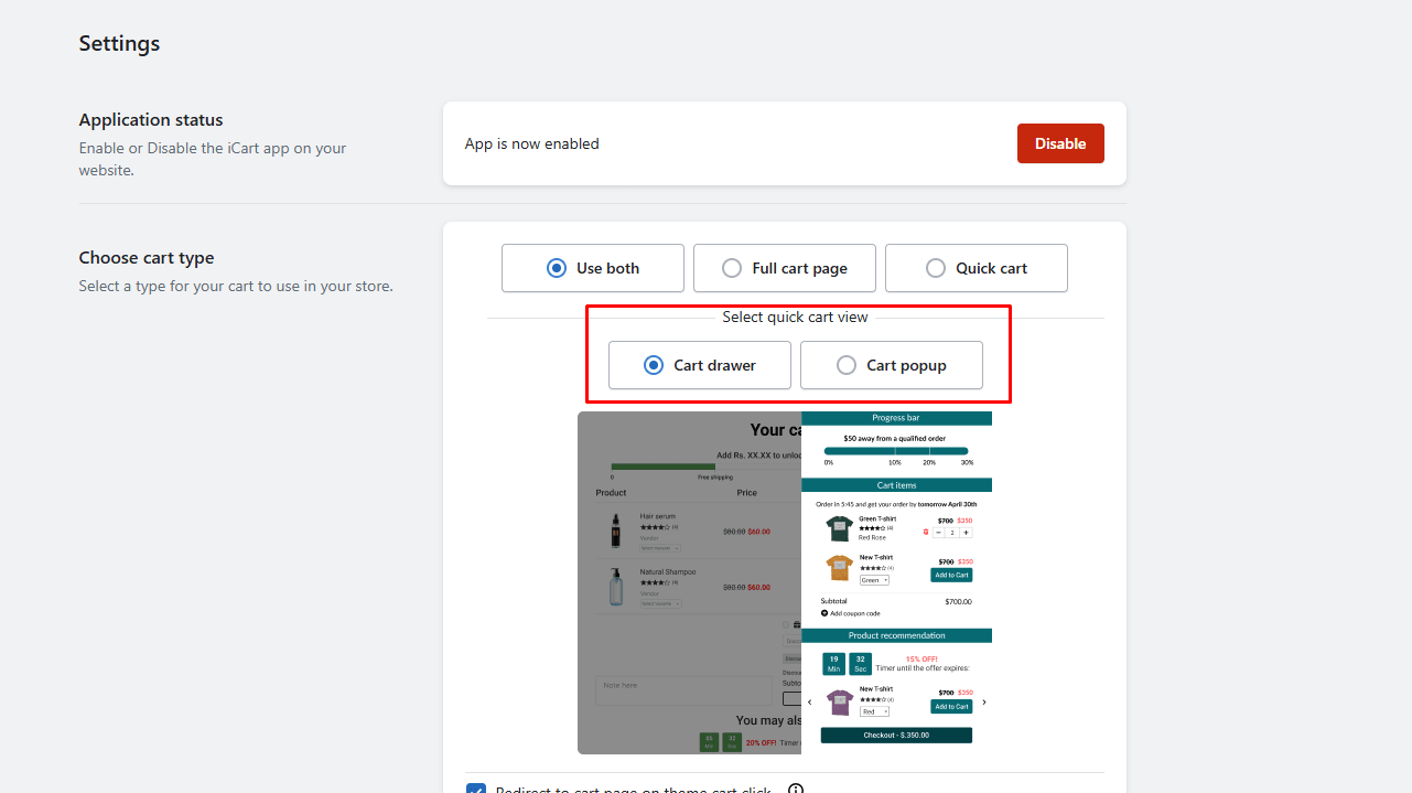 Shopify cart settings page displaying options to select cart type: quick cart drawer or full cart for customizable cart view