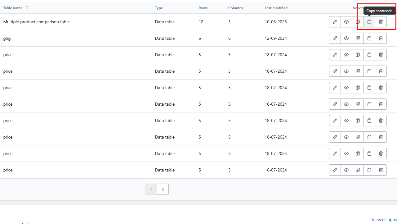 Copying the shortcode for a product comparison table in Shopify app for easy integration into a website or product page