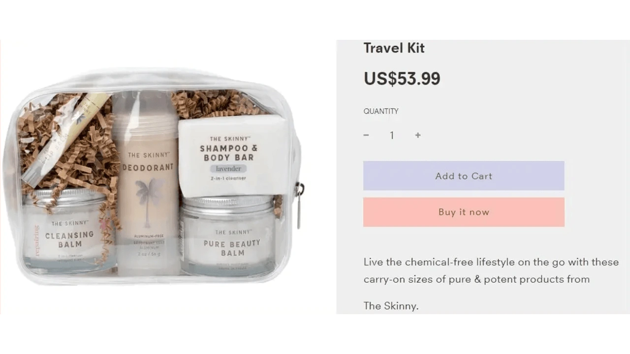 Skincare travel kit – Chemical-free personal care product bundle example with 'Buy it now' option and price