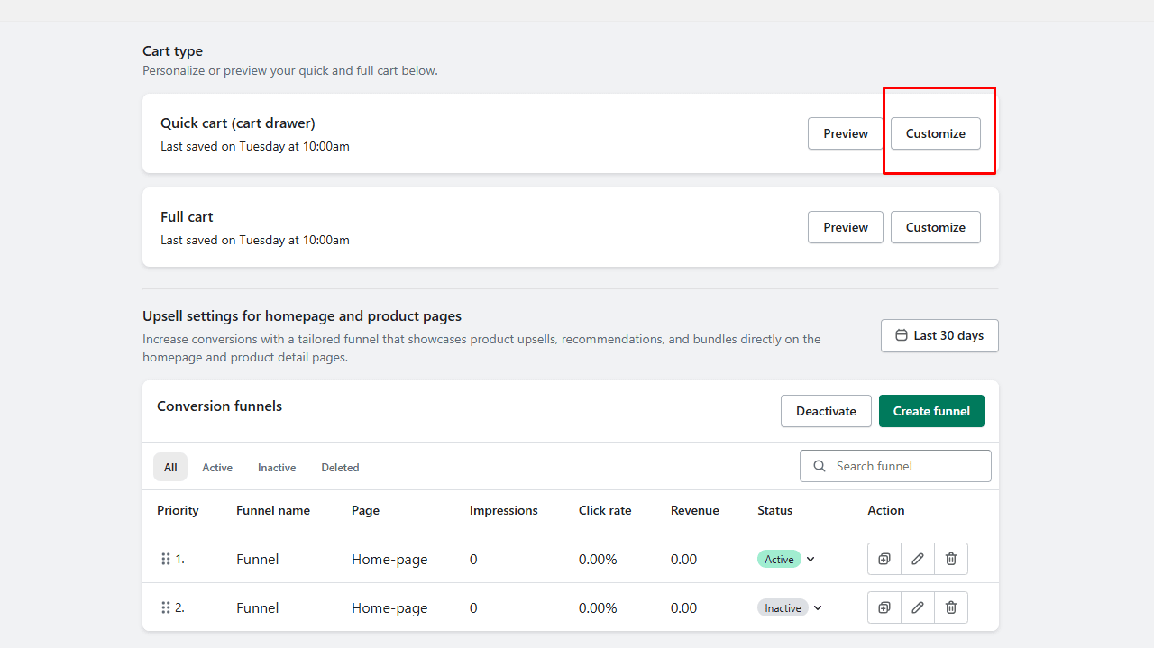 Shopify cart page settings for customizing quick cart and upsell funnels, along with the option to create tailored upsell funnels for homepage and product pages