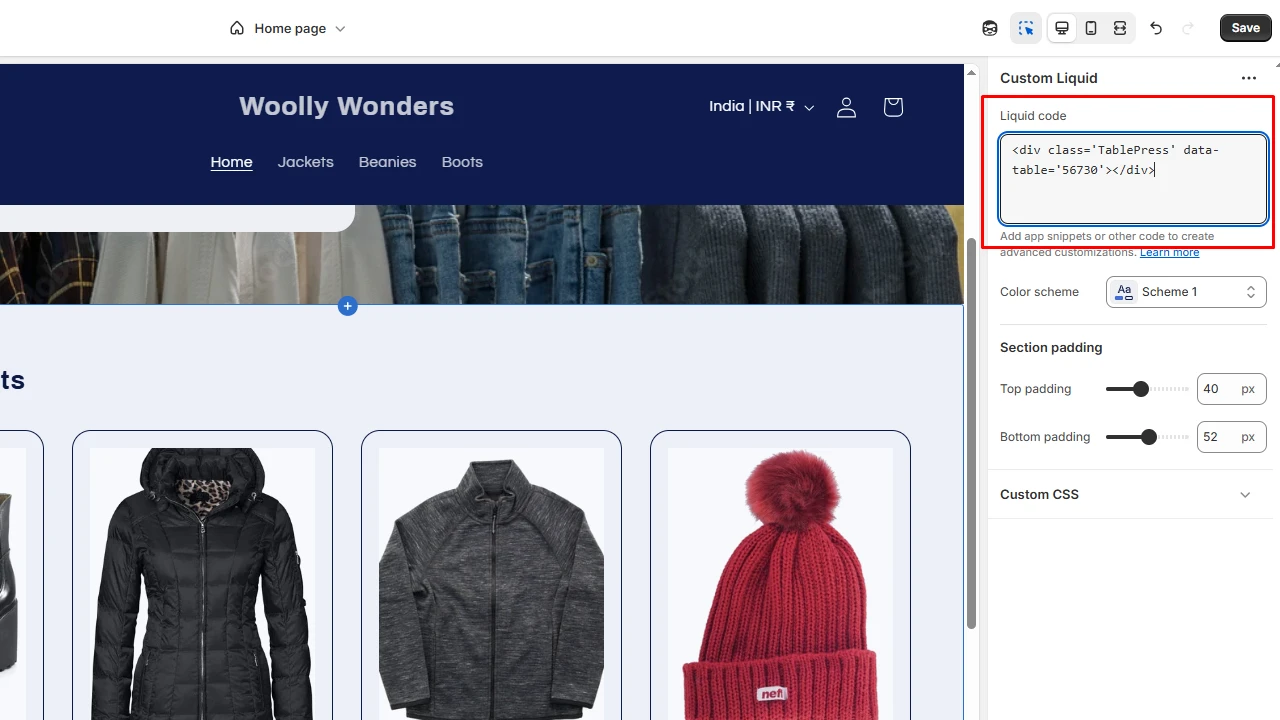 Inserting the product comparison table shortcode in Shopify's custom liquid code editor for seamless table integration on the homepage