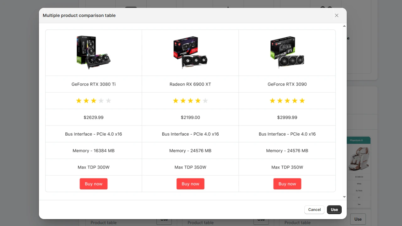 Multiple product comparison table showcasing graphics cards