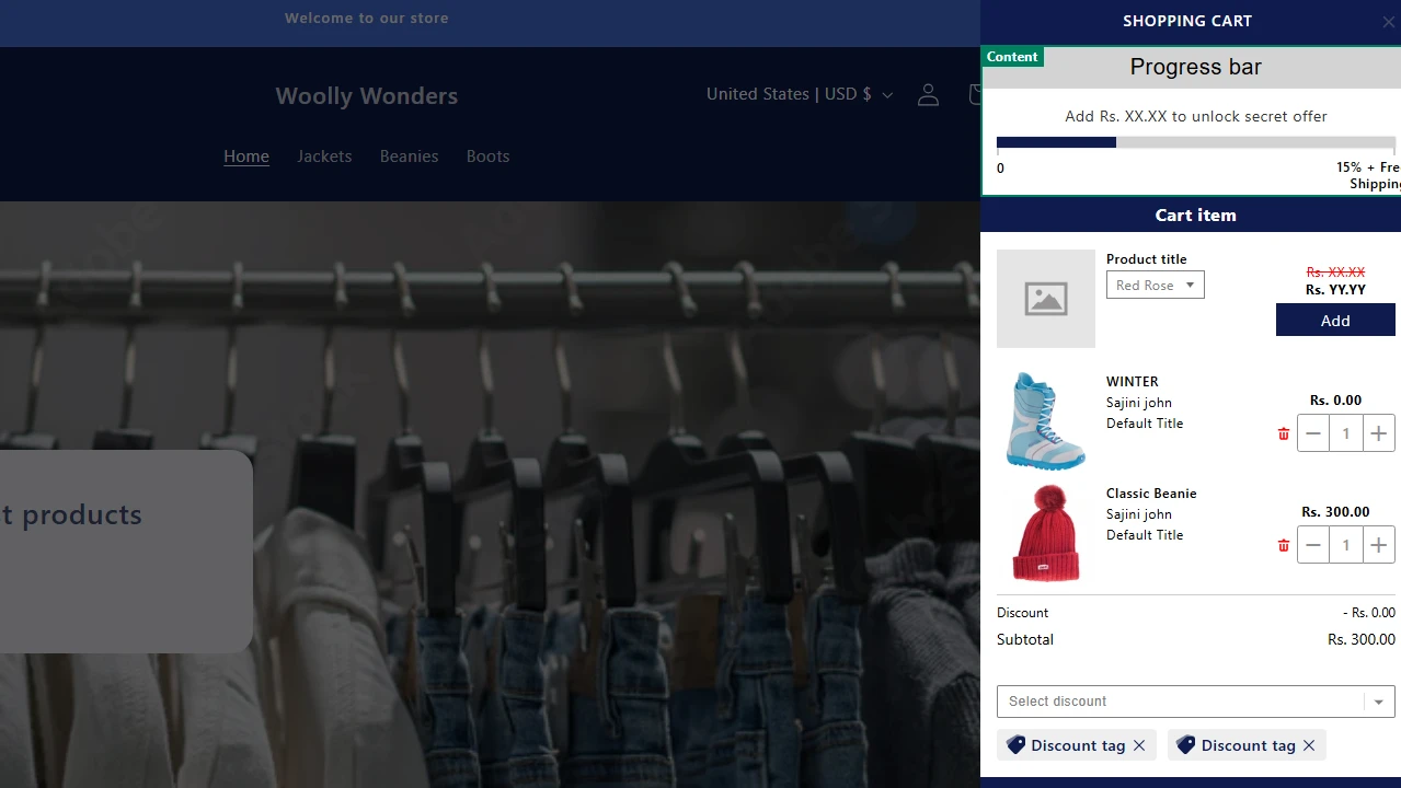 Shopping cart drawer preview on Shopify with product title, cart items, and progress bar showing discount and free shipping offer for better conversions