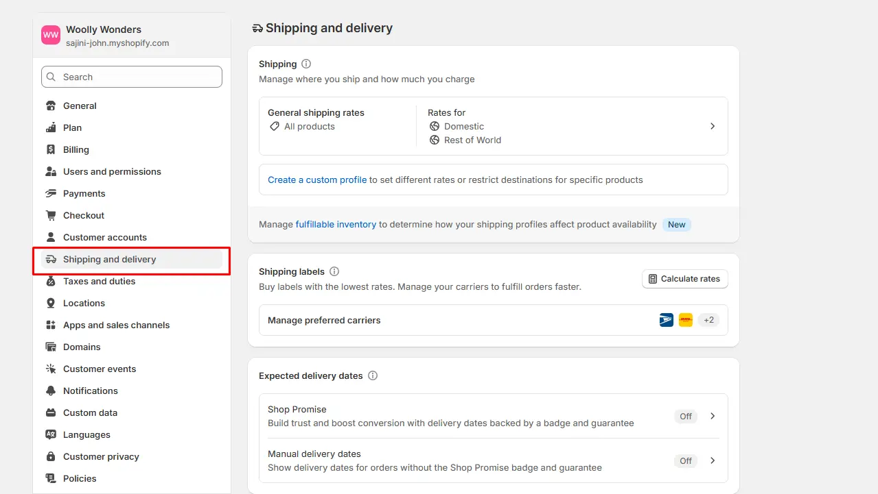 Shopify Shipping and delivery settings