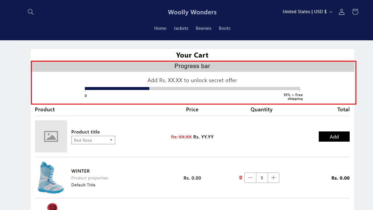 Shopify cart progress bar showing secret offer unlock and 10% free shipping promotion.