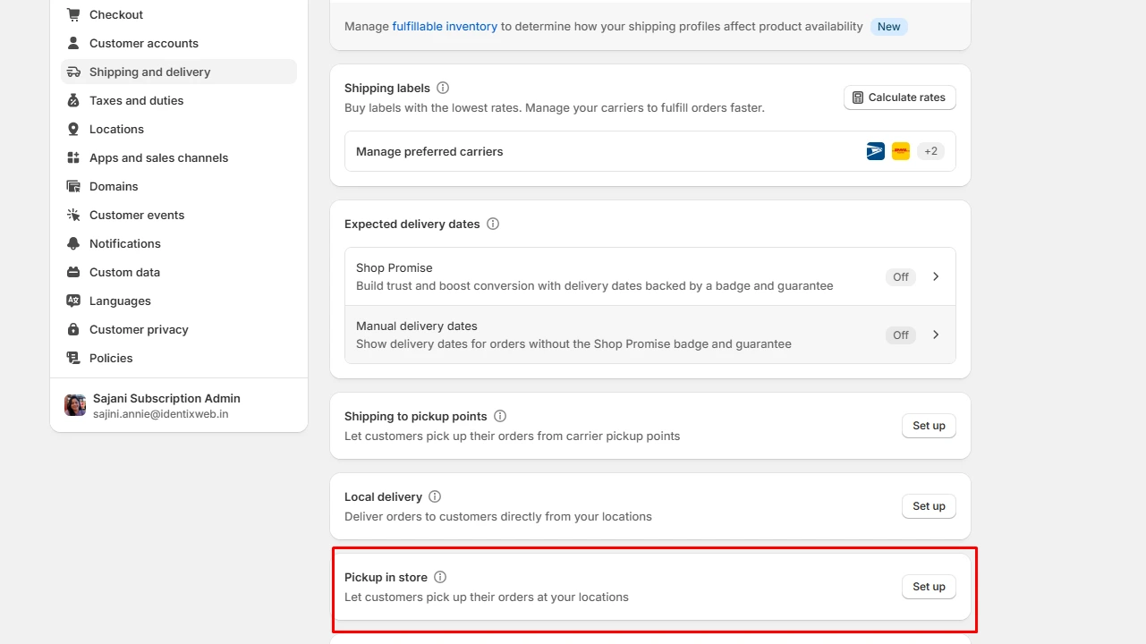 Shopify pickup in-store setup screen showing the Set up button under Shipping and Delivery settings