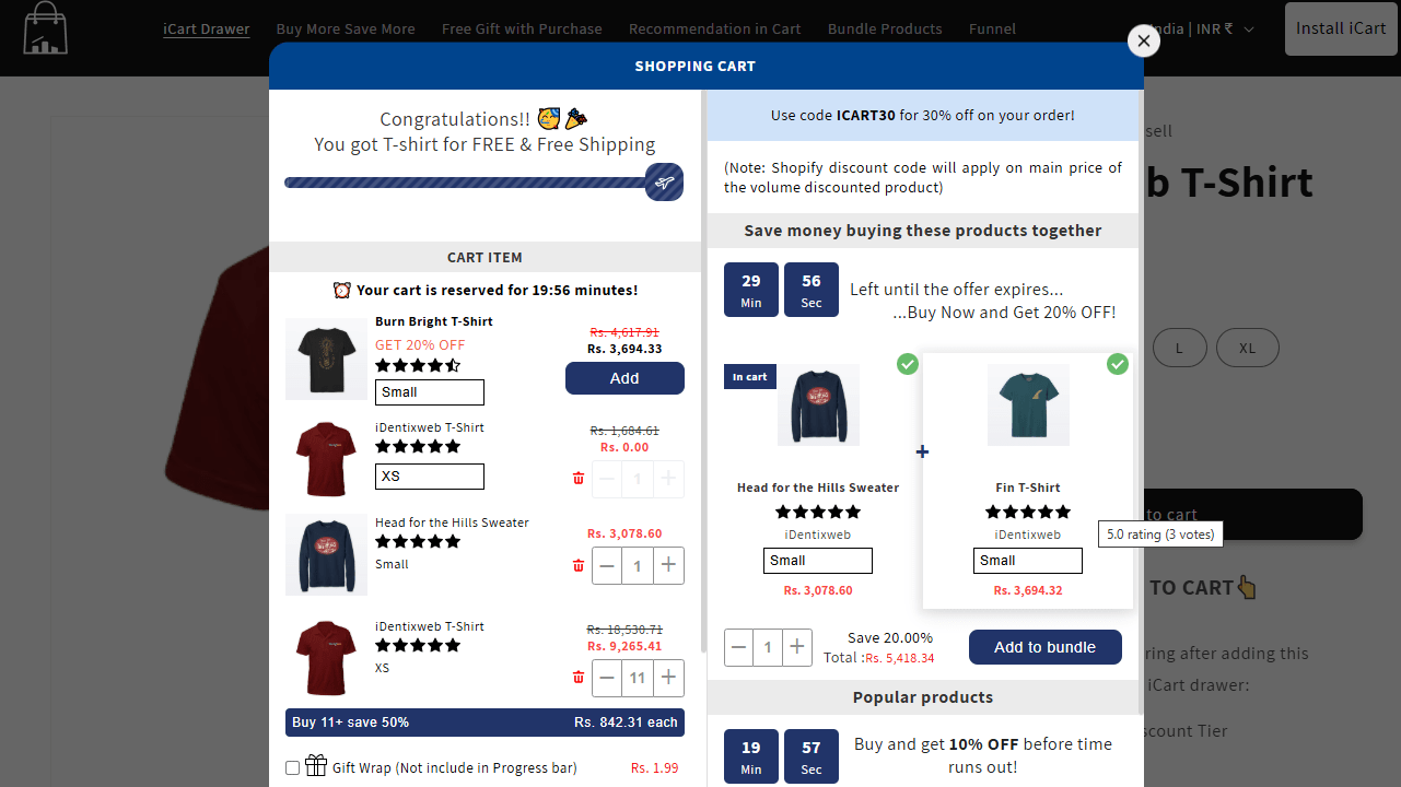 Shopify slide-out cart showing countdown timer and exclusive bundle discount on multiple products, including Burn Bright T-shirt and Head for the Hills Sweater