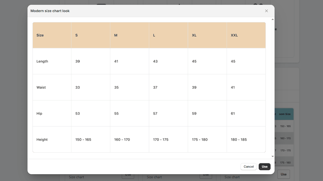 Modern size chart comparison for apparel with measurements for various sizes
