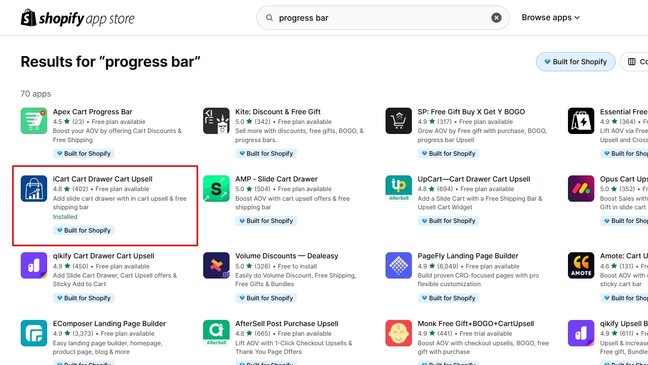 Search results for Shopify progress bar apps, featuring iCart Cart Drawer Cart Upsell