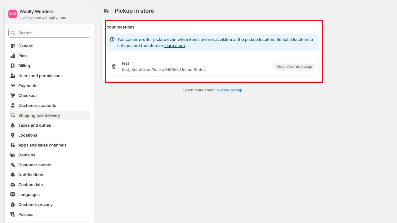 Shopify in-store pickup configuration page displaying location settings for order pickup service in Shopify