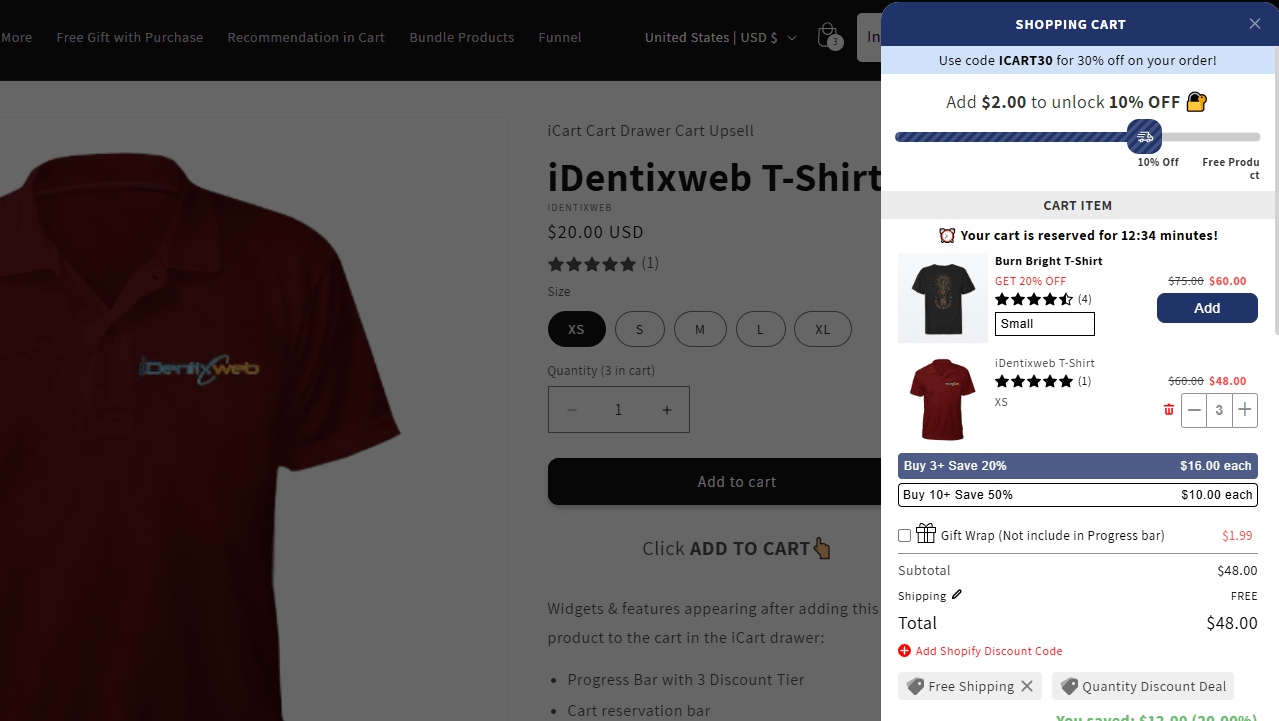 Shopify slide-out cart with a reserved cart feature and a discount offer