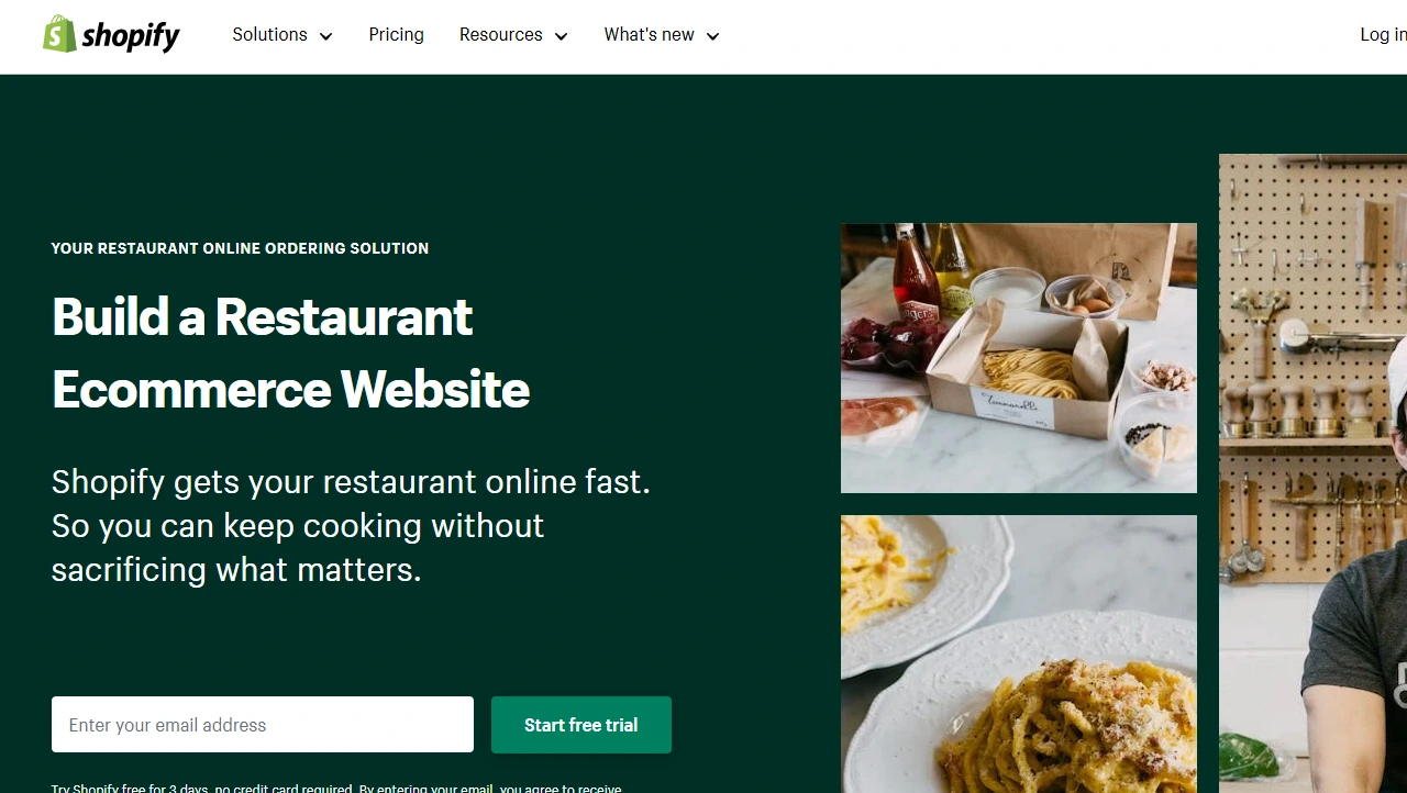 Shopify's page showing build a restaurant ecommerce website