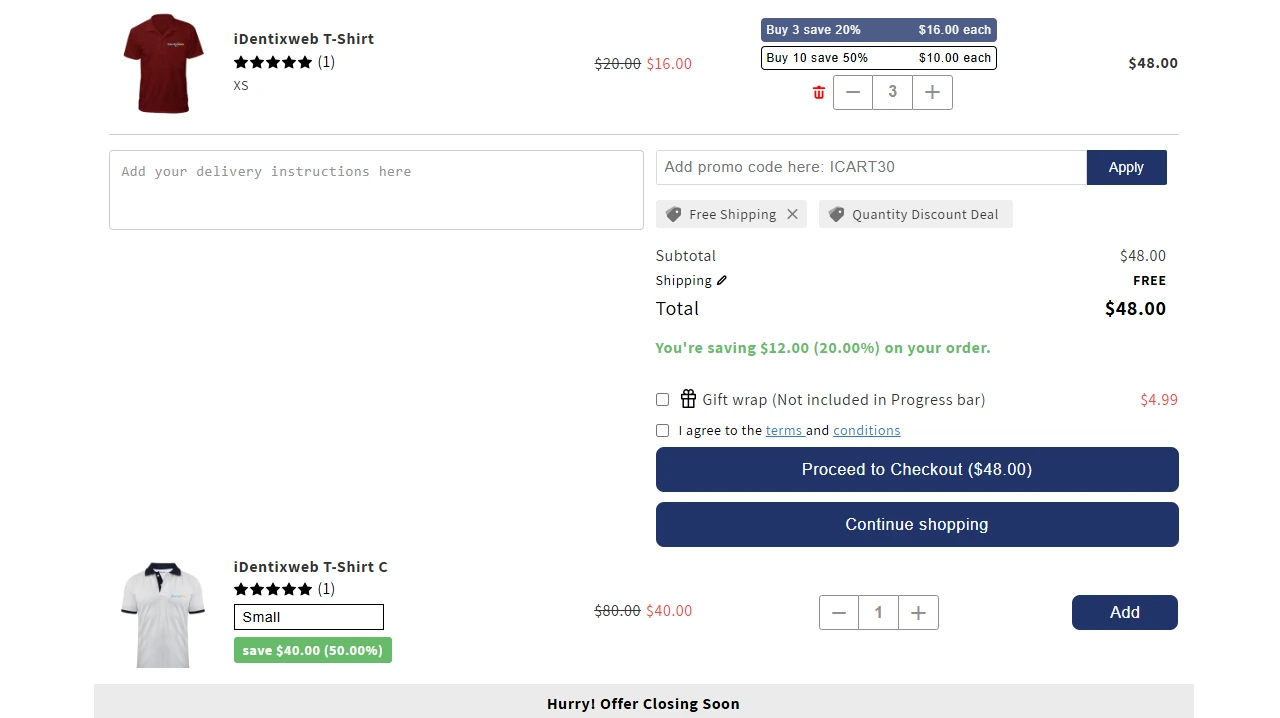 Shopify cart page showing T-shirt quantity discount – Product bundle pricing example with promo code and free shipping