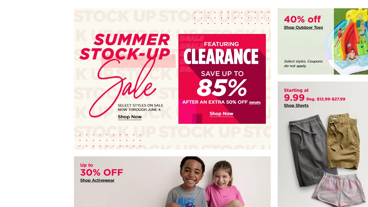Summer sale promotion with upsell opportunities on clearance items like outdoor toys and activewear, demonstrating effective Shopify in-cart upsell techniques.
