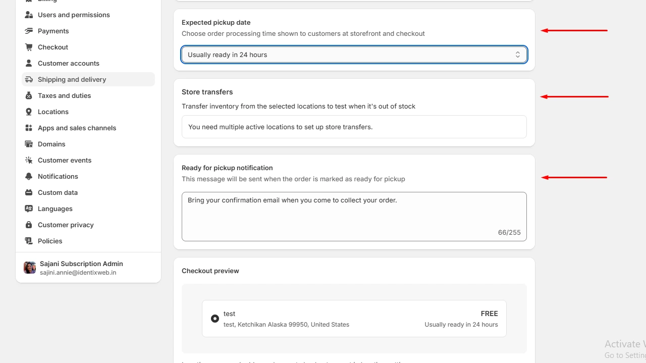 Shopify pickup in-store settings with options for expected pickup date, store transfers, and pickup notifications