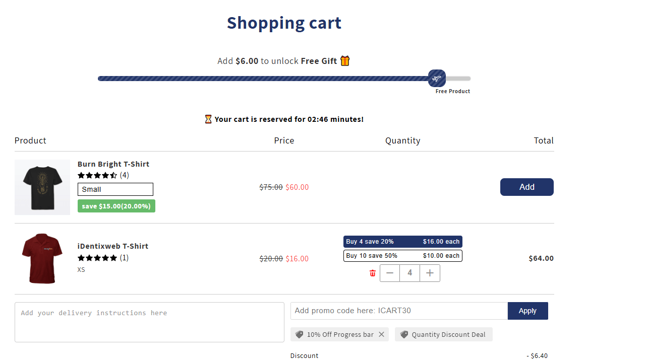 Shopify full cart with promotional messages, including 10% discount unlock and time-sensitive free gift offer