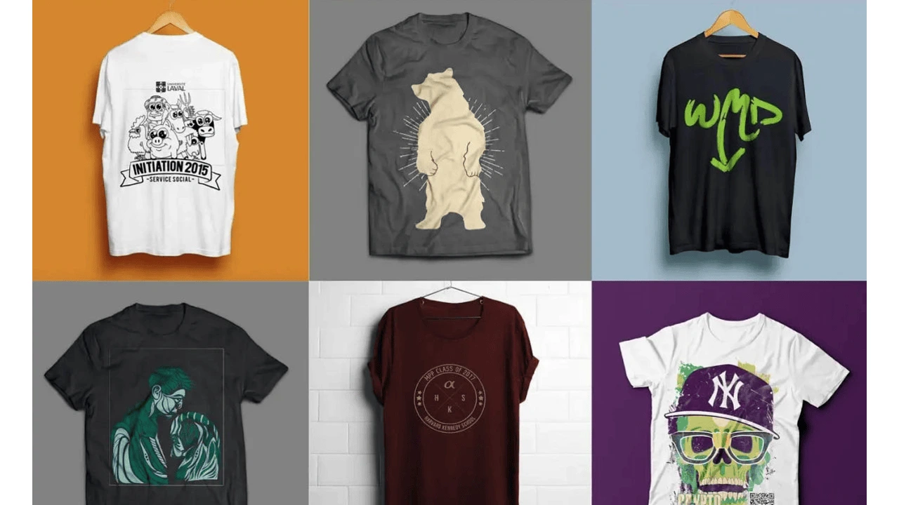 A collection of t-shirts with graphic designs on display, each hanging on a hanger with various colors and patterns