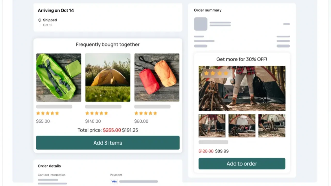 Frequently bought together camping gear bundle – Product bundling example with tents, sleeping bags, and discount offer