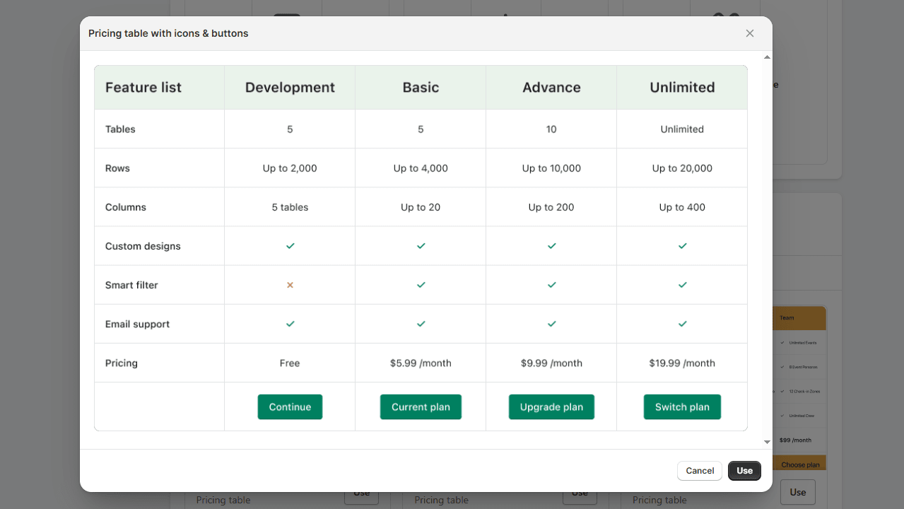 Pricing table with icons and buttons comparing different plans
