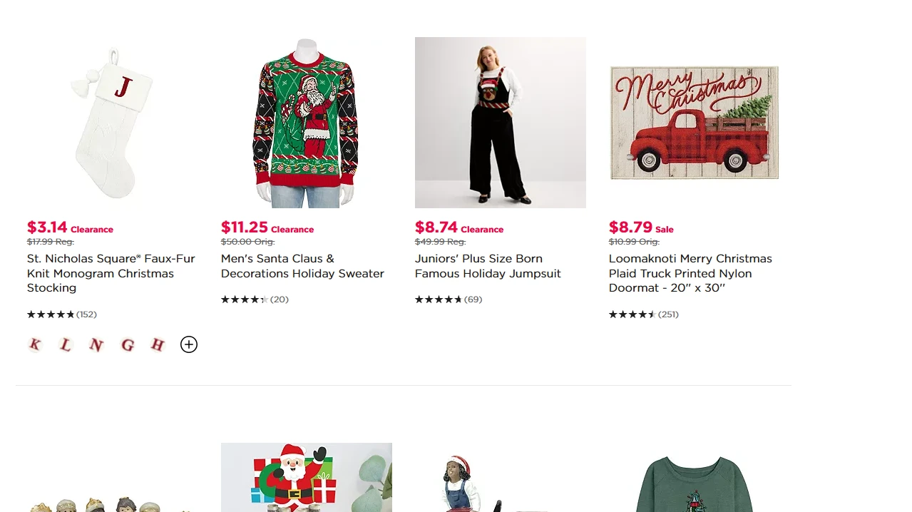 Christmas-themed clearance items, demonstrating effective upselling strategies for holiday merchandise