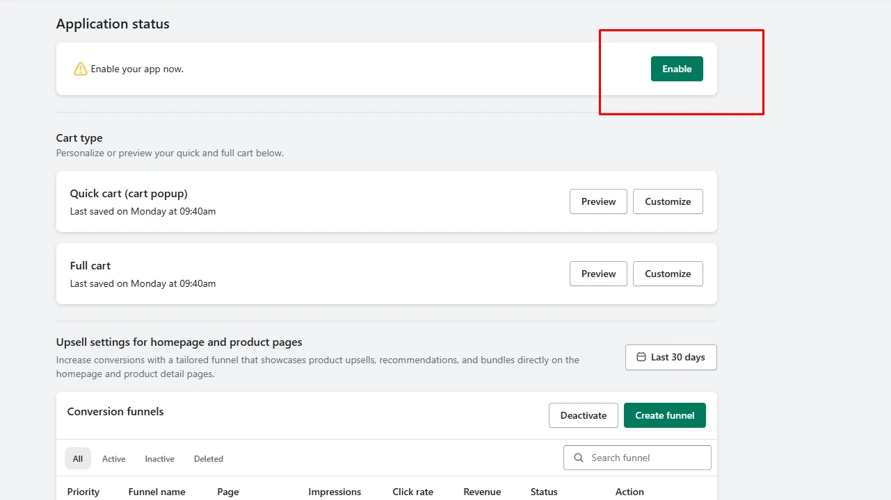Shopify app settings page for enabling iCart Cart Drawer Cart Upsell and conversion funnel creation