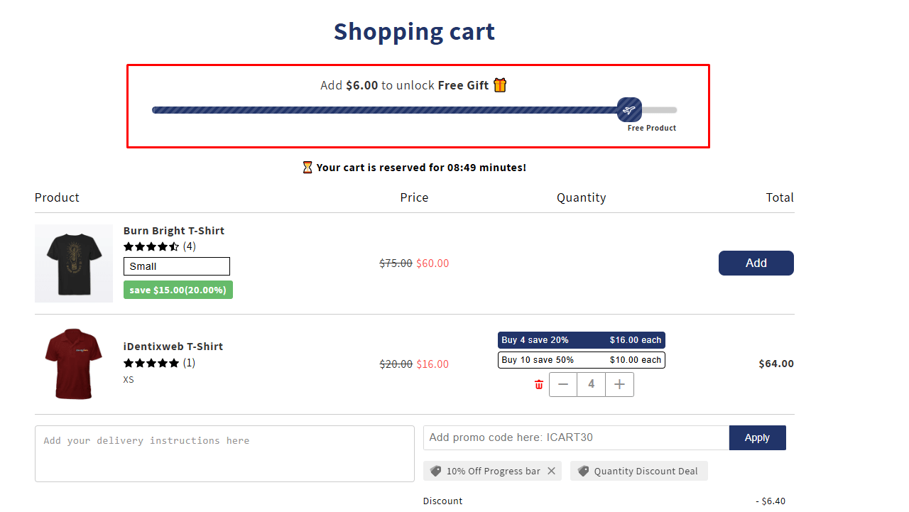 Shopify cart offering quantity discount and product bundles with a progress bar for unlocking free gift