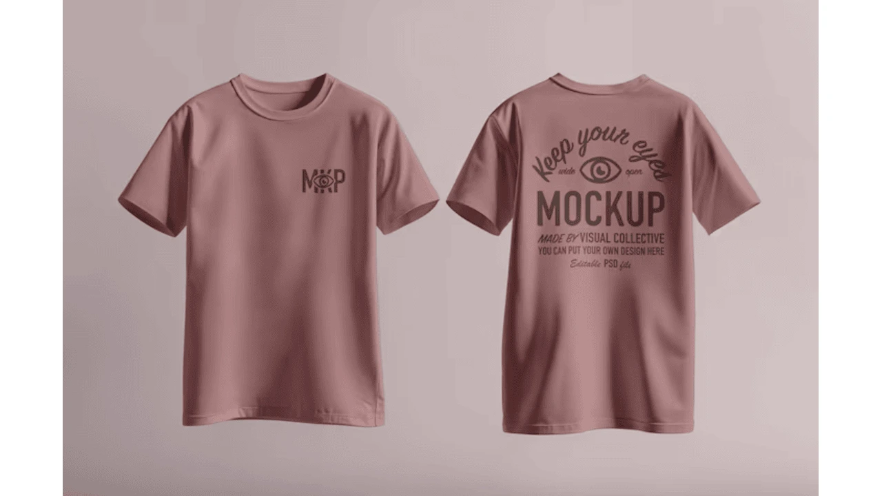 A mockup of a pink t-shirt with a design printed on the front and back, with a tagline and instructions for customization