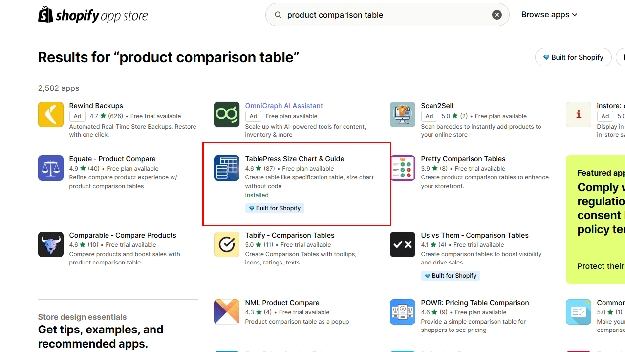 Search results in Shopify app store for Product Comparison Table, featuring apps such as TablePress Size Chart & Guide