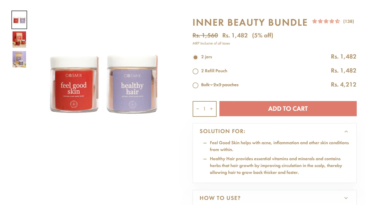 Inner beauty bundle upsell for skincare and haircare products with a discount, highlighting effective upselling ideas