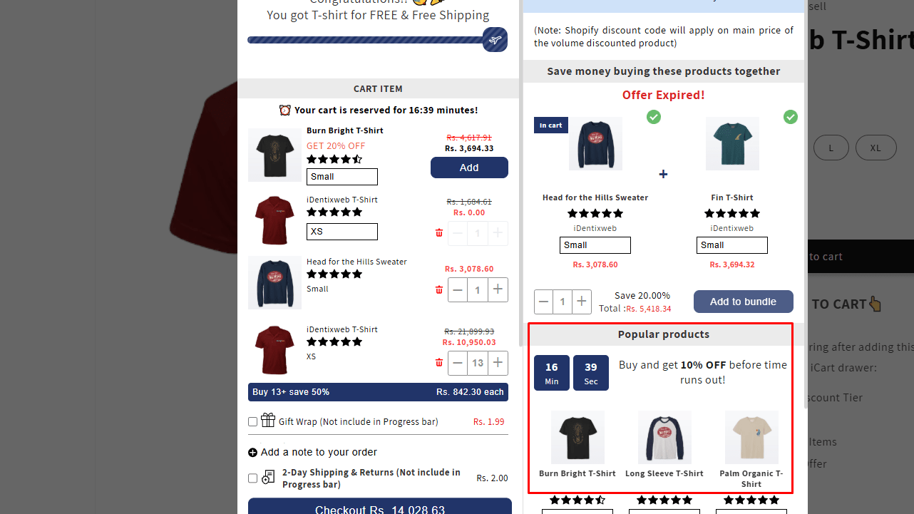 Shopify cart highlighting popular products with a countdown timer for an additional 10% off and product recommendations