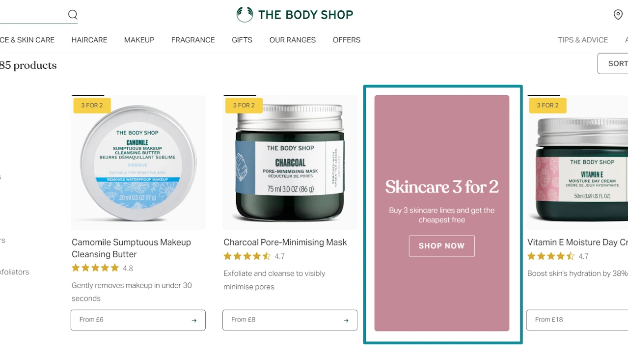 The Body Shop skincare deal – 3 for 2 product bundle example with promotional banner and pricing