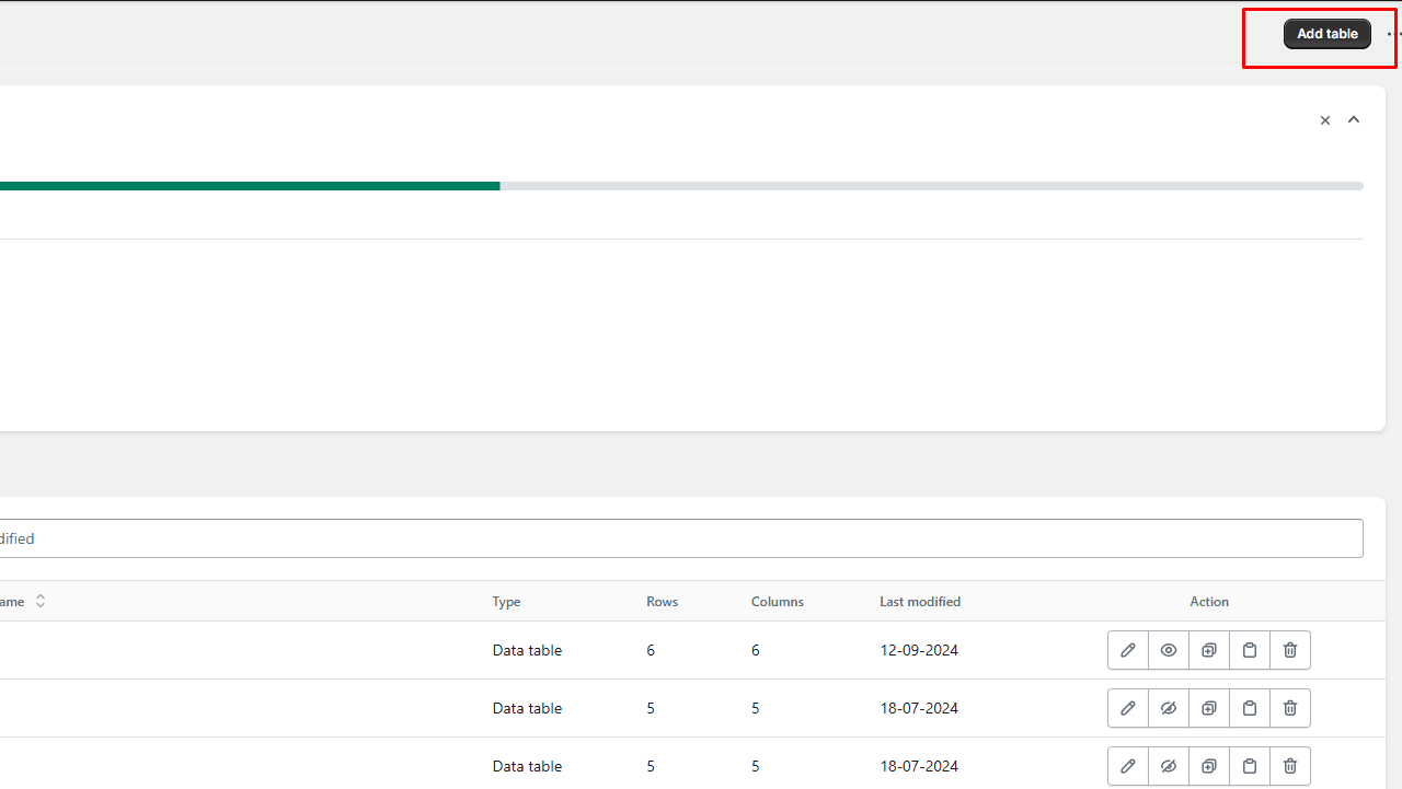 Adding a new data table in Shopify app interface, with options for customizing rows and columns