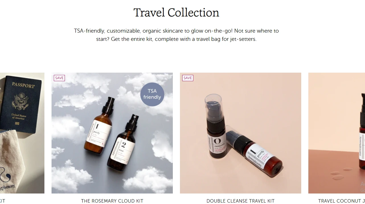 TSA-friendly skincare travel kit featuring customizable organic products, emphasizing upsell in cart options