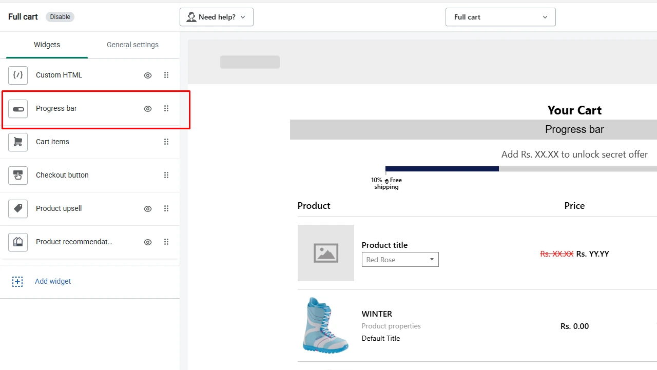 Shopify full cart widget settings showing progress bar options for discount tiers and product prices
