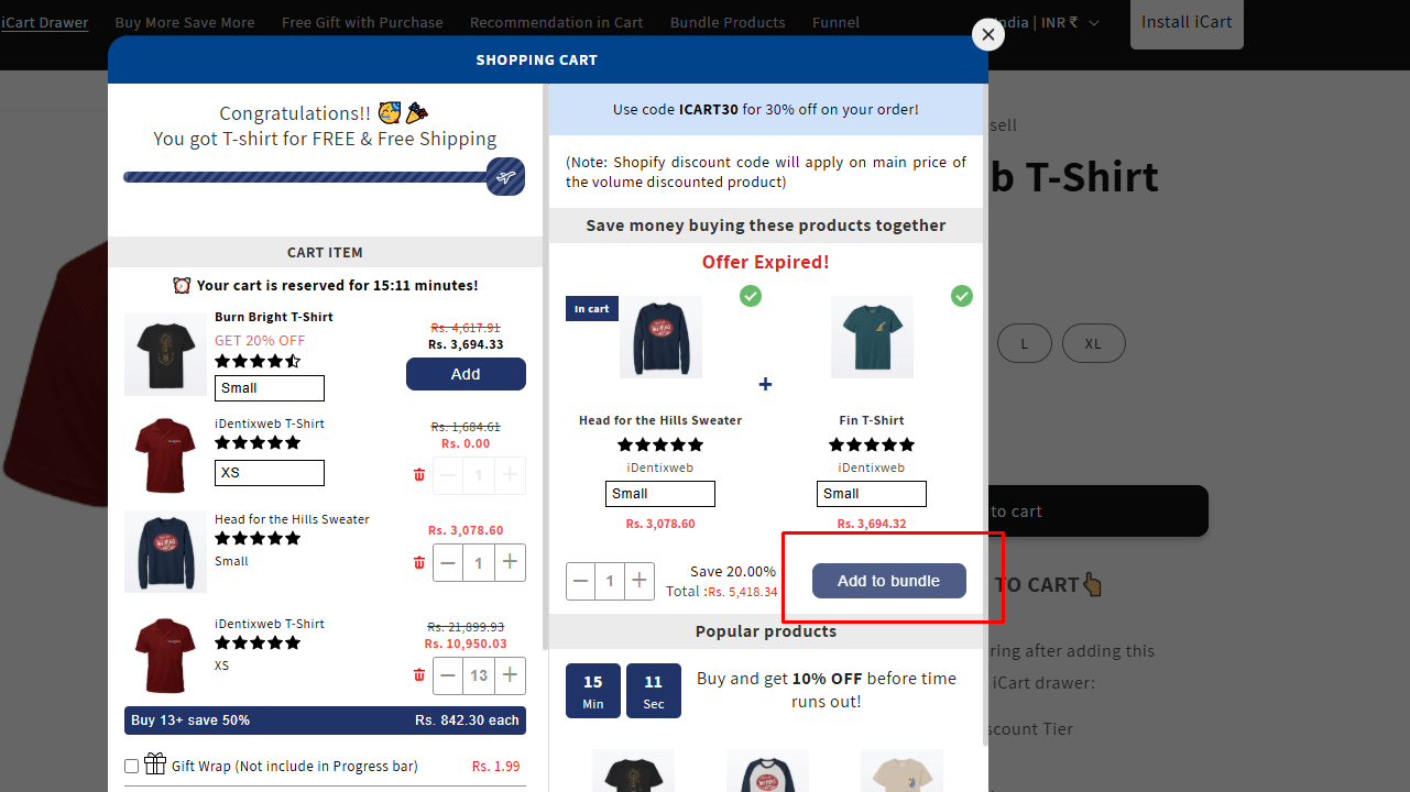 Shopify slide-out cart displaying product discounts, free shipping, and time-limited offers
