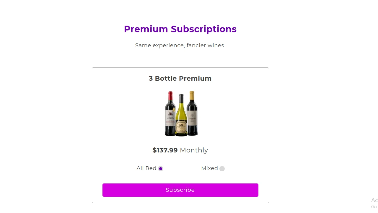 Wine subscription box – Premium monthly wine product bundling example with pricing options for red and mixed bottles