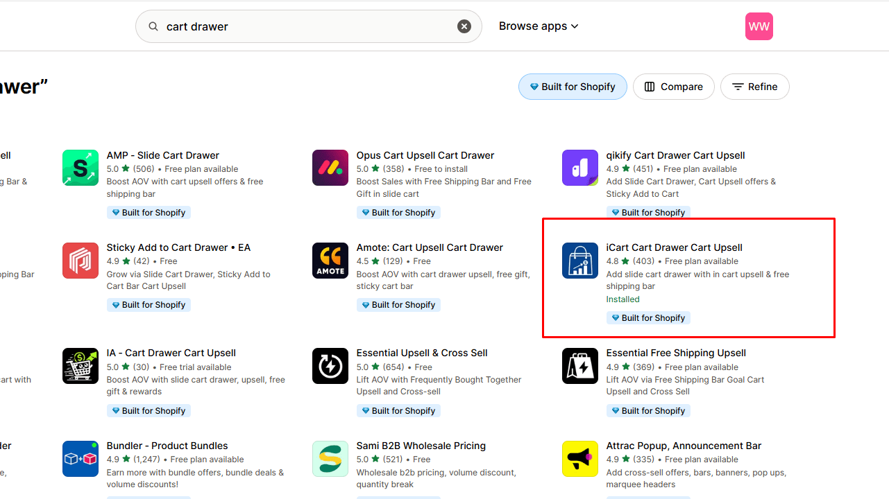 Shopify app store image highlighting iCart upsell app for adding slide cart
