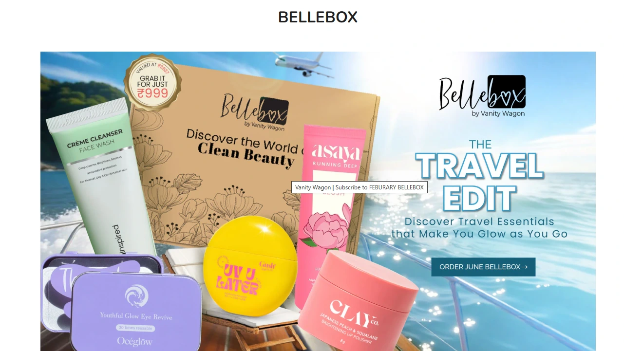 Bellebox subscription service showcasing clean beauty travel essentials, perfect for upselling related beauty kits and skincare products.