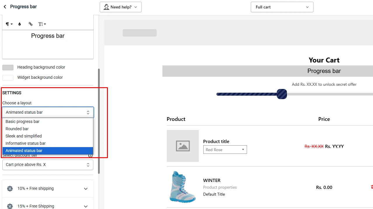 Shopify progress bar settings for animated status bar layout with discount tiers above cart price