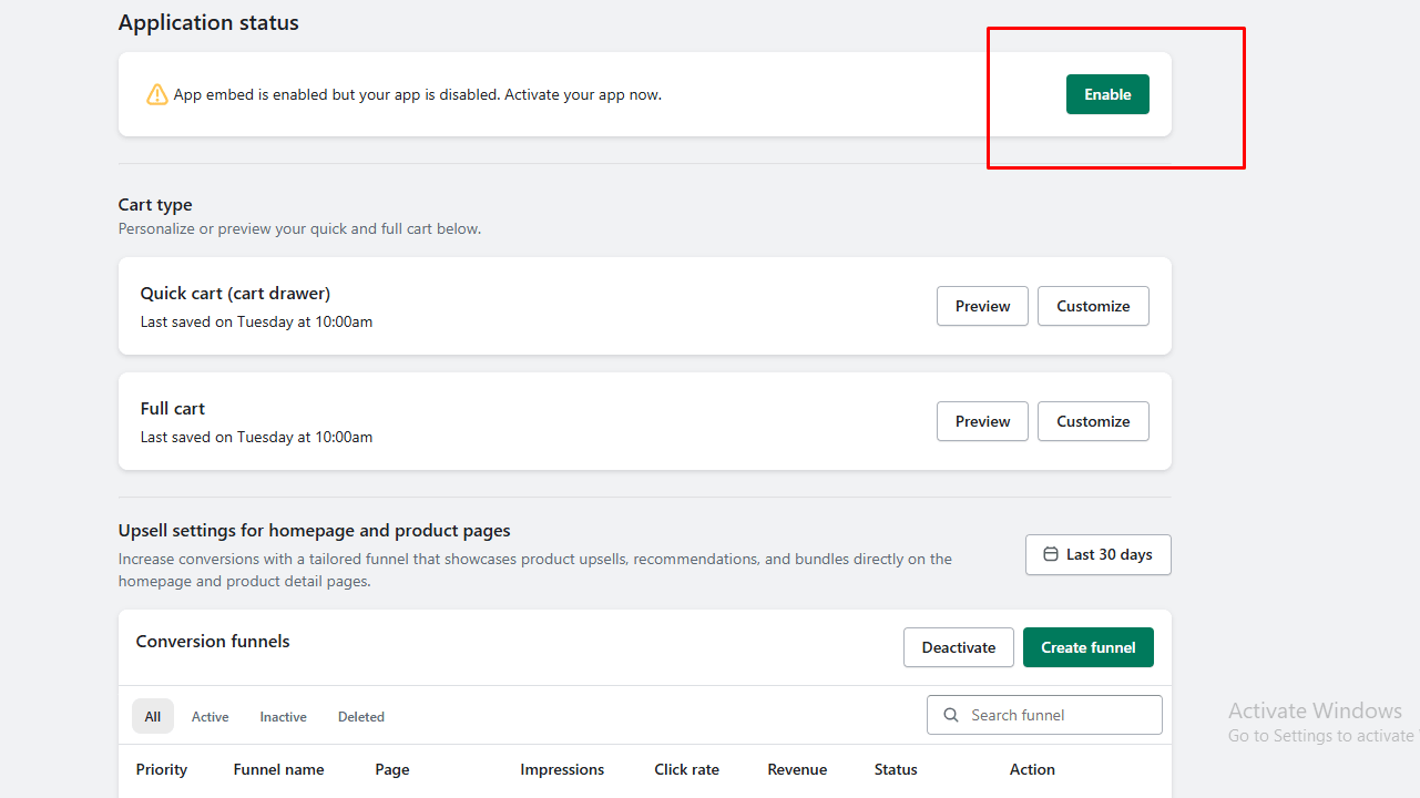 Shopify app settings page showing the status of the iCart app with options to enable cart type and upsell settings for increasing revenue