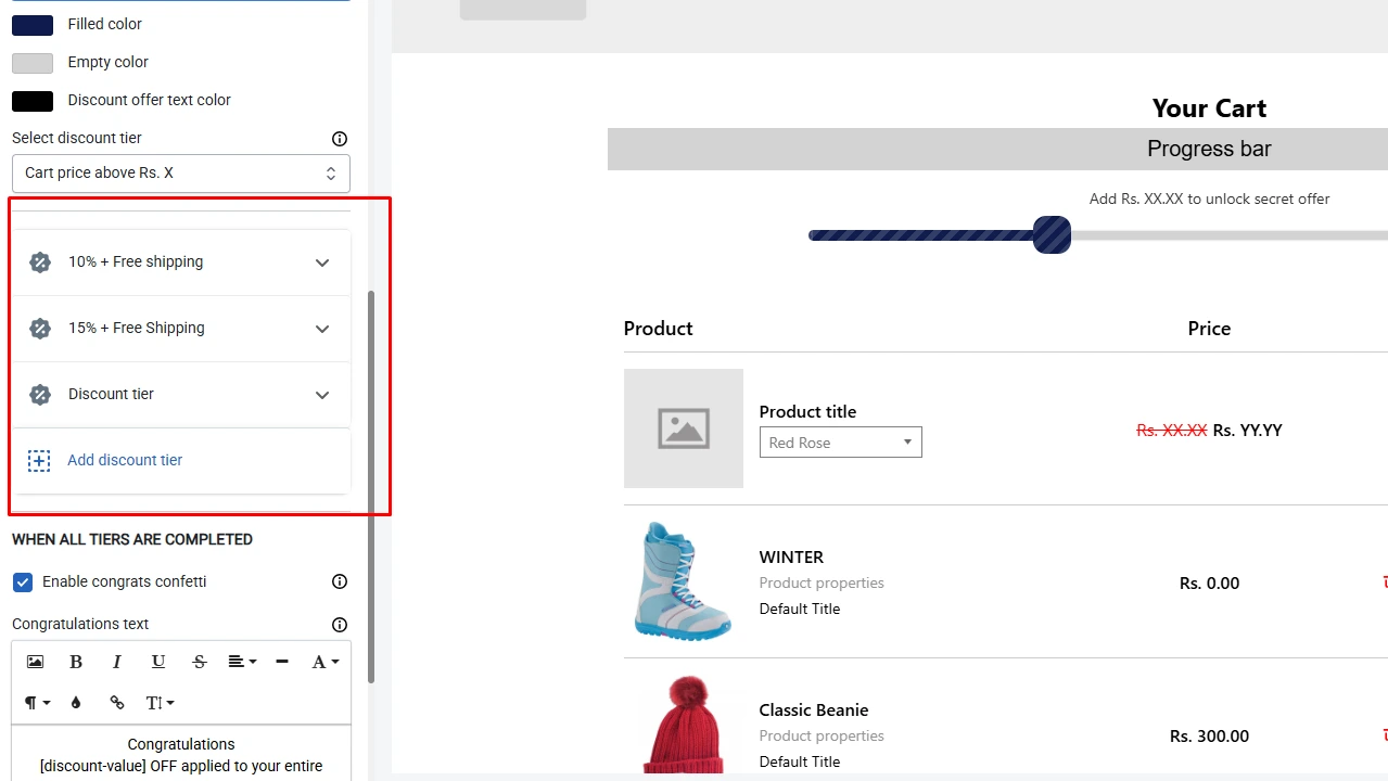 Shopify Progress Bar with discount tier options and free shipping offer