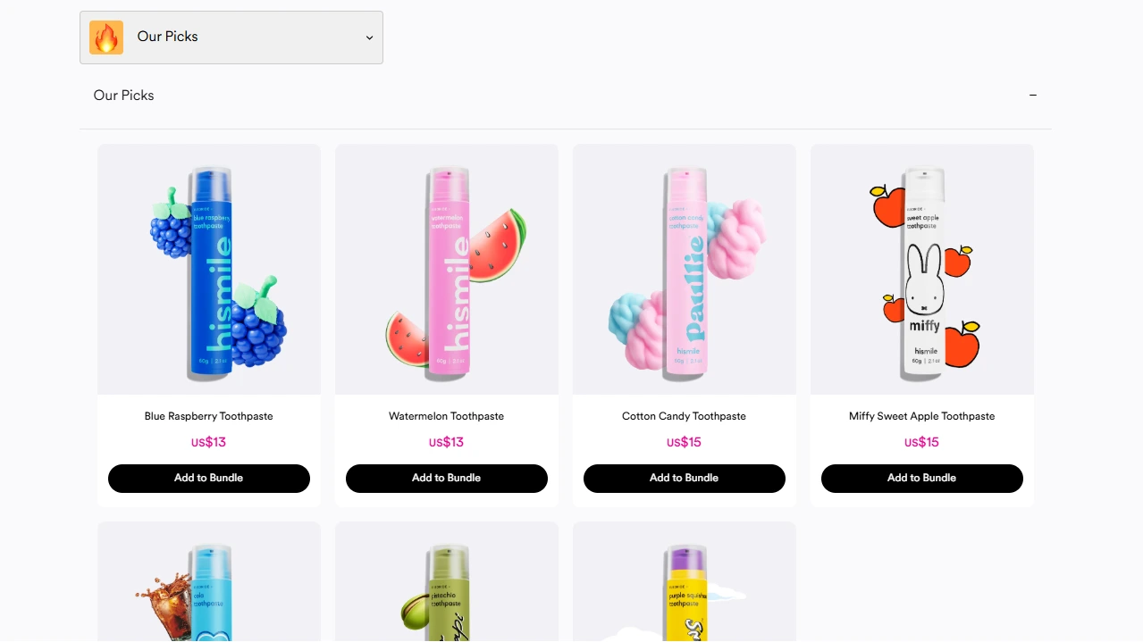 Toothpaste flavors bundle – Colorful product bundling example with mix-and-match options and add to bundle CTA