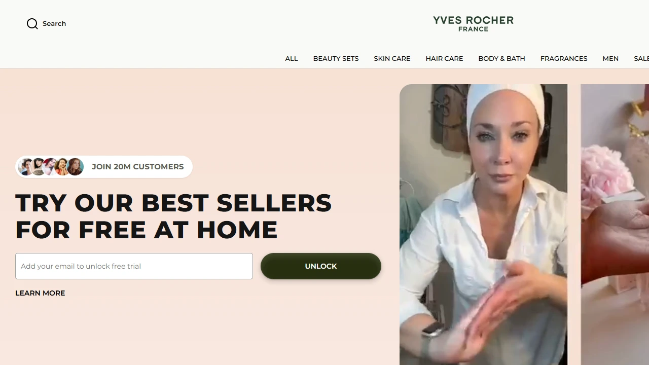 Yves Rocher's best-sellers free trial offer, demonstrating upsell strategies for beauty and skincare products