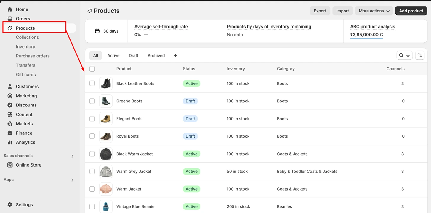 Shopify product list with active and draft inventory statuses, highlighting volume discounts and stock availability for various clothing items