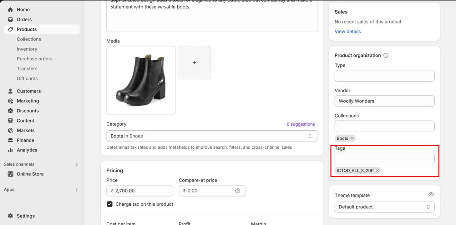 Shopify product page showing detailed product information including tags and category for a boot, optimized for volume discounts and increased sales