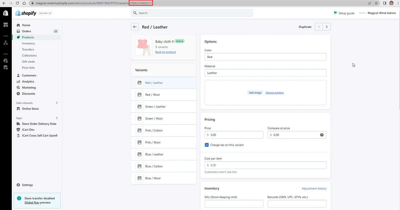 Shopify product variant page for a baby cloth item, with options for material, color, and price, featuring stock levels for volume discount application