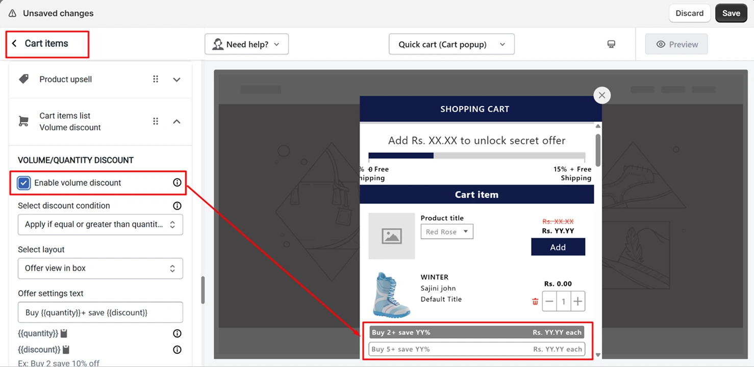 Icart's volume discount settings, offering savings for customers based on quantity, designed to boost sales using a volume discount strategy